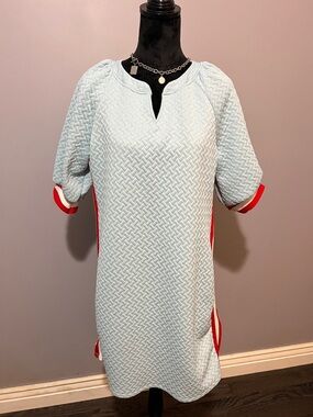 Textured Light Blue Shift Dress with Red Trim